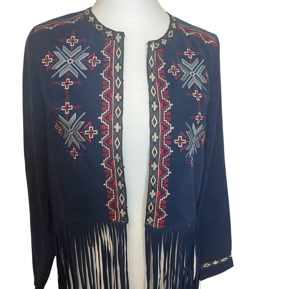 Flying Tomato Blue Faux Suede Southwestern Jacket Fringe Embroidered Small Aztec - Picture 4 of 16